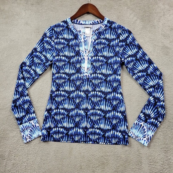 Tommy Bahama Tide Dye Seashells Long Sleeve Rashguard‎ Coverup Womens XS Blue - Picture 1 of 8